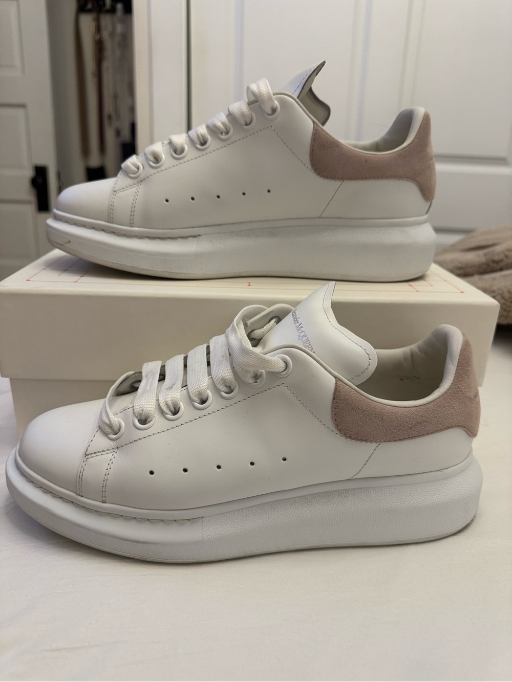 Alexander McQueen White Leather Platform Sneakers w/Blush Heel Accent